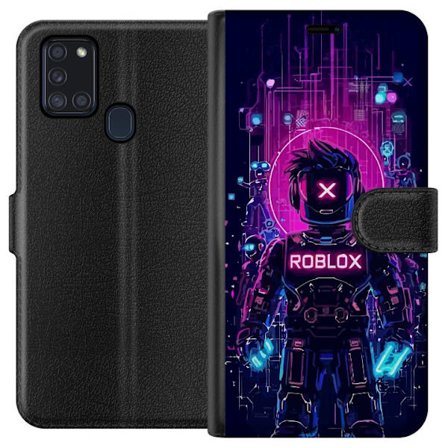 Kompatibel Tegnebogsetui til Samsung Galaxy A21s Roblox Cyber Core Kraftfuldt digitalt Roblox-design med lilla lys og futuristisk baggrund