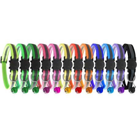 Breakaway Cat Co. Reflekterende kattehalsbånd med ur, sæt med 12 stk