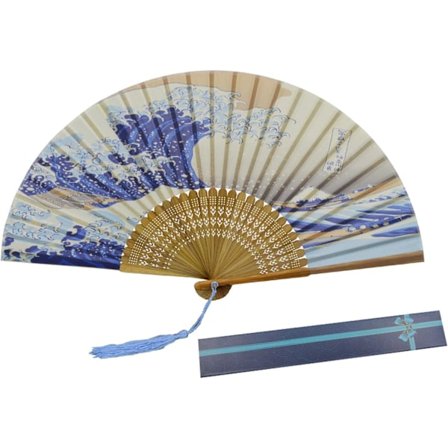 Silkkitaitettava viuhka bambukehyksillä, japanilainen Kanagawa-aaltokuvio, kädessä pidettävä gorgonian tanssiin, toimistoon, seinälle, cosplayhin, 