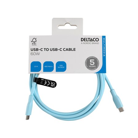 Deltaco USB-C - C USB2.0 SPR Cable, silicone, 1,5m, Turquoise