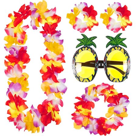 Deluxe Hawaiian Fancy Dress Lei Garland Halskjede Krans Sett med Funky Ananas Briller Strand Hawaii Tropisk Luau Fest Tema Hibiscus Sommer De
