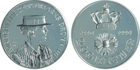 Danmark 1990 - Dronning Margrethe's 50 års fødselsdag - 200 kr. sølvmønt