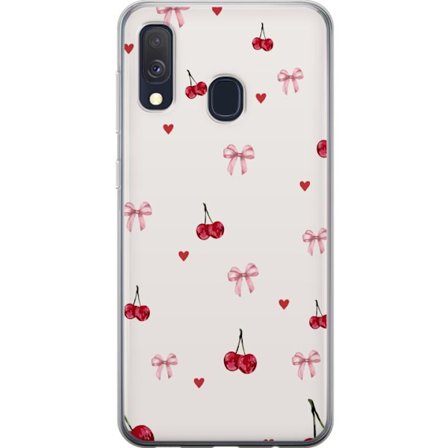 Yhteensopiva Puhelinkuori Samsung Galaxy A40 Kirsikkakuvioiset rusettit ja sydämet suloisessa ja leikkisässä kuosissa vaaleanpunaisina ja punaisina -