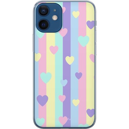 Kompatibel Mobilcover til Apple iPhone 12 Pastelstriber i lyserød, gul, lilla og blå med spredte hjerter i blød kawaii-stil.
