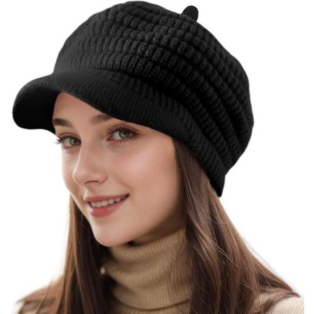 Vinterlue for kvinner - Varm strikket lue med skjerm, fleecefôret varm fleece-beret