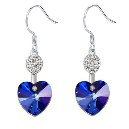 Elegante dinglende hjerteformede øredobber, "Heart of the Ocean," i sterlingsølv med mørk lilla Swarovski østerriksk krystall og rhinestone-diamanter.