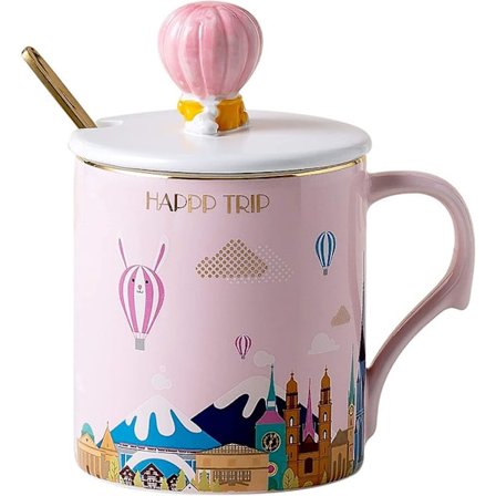 Drikkevaretilbehør 400 ml 3D Tegneserie Keramisk Kaffekrus Med Luftballonlåg Og Guld Ske Morgenmælk Tekopper Pink Sød Kop Til Kvinder Piger Gi