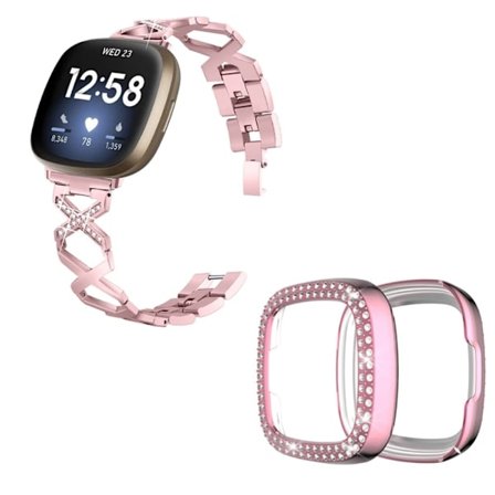 Fitbit Sense / Versa 3 X-formad med strassdekorerat klockarmband med rosarött fodral - Rosa Ros