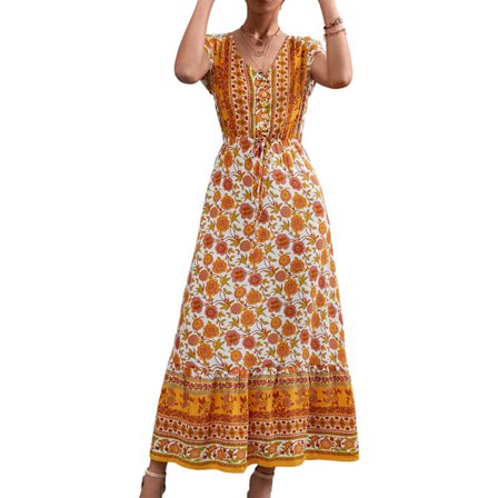 Dam Blommig V-ringning Kortärmad Knäppt Sommarklänning Orange Gul