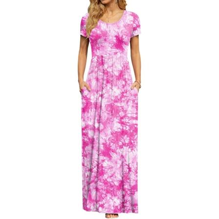 MOON Damkläder Kortärmad Maxiklänningar Casual Empire Midja Lång Klänning med Ficka Rosa Tie Dye 4X-Large