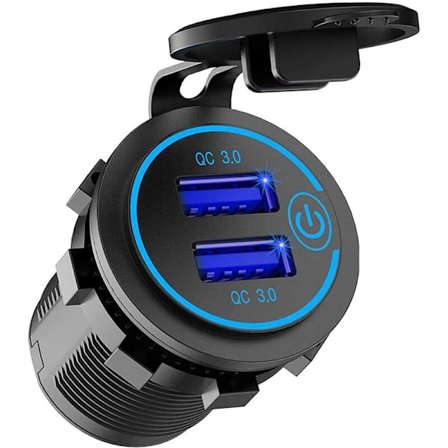 12V USB-stik, dobbelt USB 3.0 billader med kontakt, 36W USB vandtæt stikkontaktlader (med 1,1 tommer hulstans)