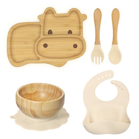 Bambu Kalveformet Babybestiksæt 5 Dele Inkluderer Sugekopskål Hagesmæk Gaffel og Ske Off-White