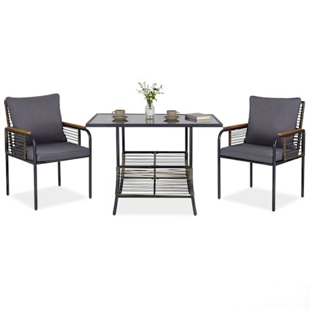 3-osainen rottinki-ulkoruokailuryhmä tyynyillä