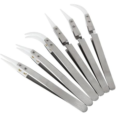 6 stk presisjonskeramiske pinsetter for omvendt lodding, ikke-ledende, antimagnetiske, spisse og buede tupper