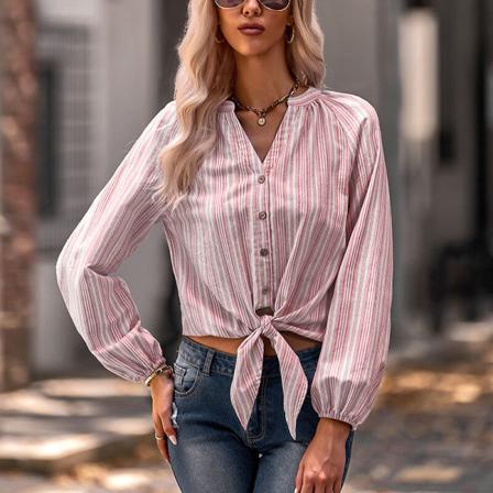 Kvinnor Button Down Tops Tie Tunika Skjorta