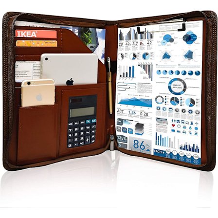 Forretningsmappe med lynlås i PU-læder, A4-størrelse, brun, med klipbord