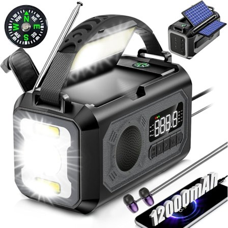 Nødradio med håndsveiv, lommelykt, SOS-alarm, kompass og leselys for utendørs bruk