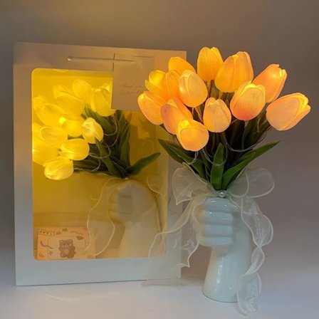 20 stk. Forhåndsbelyste Evige Tulipaner Bukettlampe Ekte Berørings Kunstige Tulipaner Lampe, LED Belyst Tulipan Blomst Hjem Kjøkken Bryllupsdekor Vase