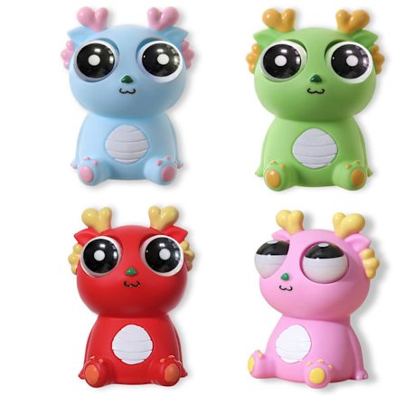 Stressball med øyne som spretter ut, morsom drage med utspilte øyne, blå, grønn, rød, rosa 4 stk gaveeske