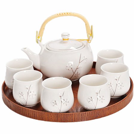 Hvid Porcelæn Te Sæt med 1 Tekande Sæt, 6 Tekopper, 1 Te Bakke, 1 Rustfrit Infuser, Sød Asiatisk Te Sæt til Te Elsker/Kvinder/Mænd (Blomme i Guld)