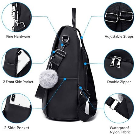 Vandtæt nylon rygsæk til kvinder, skoletasker, tyverisikret dagsrygsæk