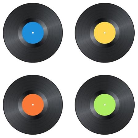 4 kpl vinyylilevymuotoisia tarroja tyhjiä vinyylilevyjä vintage
