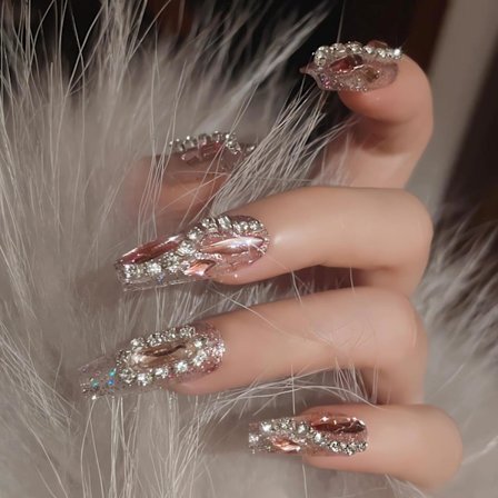 Långa Tryck på Naglar Kista Glitter Lösnaglar Glänsande Rosa Strass Full Täckning Falska Naglar Lim på Naglar Lyxiga Ballerina Konstgjorda Akrylnaglar
