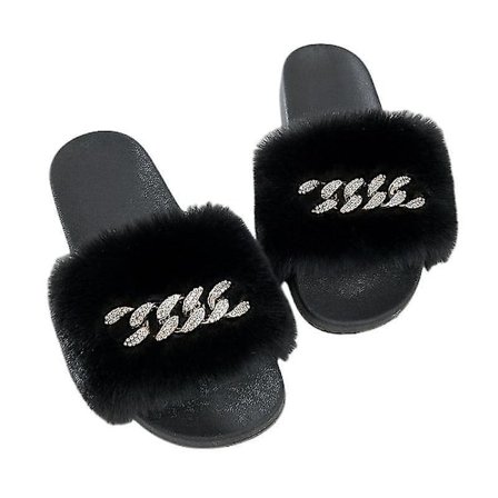Women's Fluffy Faux Fur Slippers Comfy Open Toe Slides With Fle