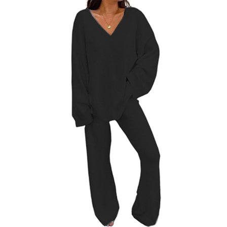 2st/ set Dam Vanliga träningsoveraller Set V-ringad Lösa toppar+långa byxor Loungewear Pyjamasset