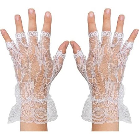 Hvide fingerløse blondehandsker - Flæsebesatte fingerløse brudehandsker i blonde