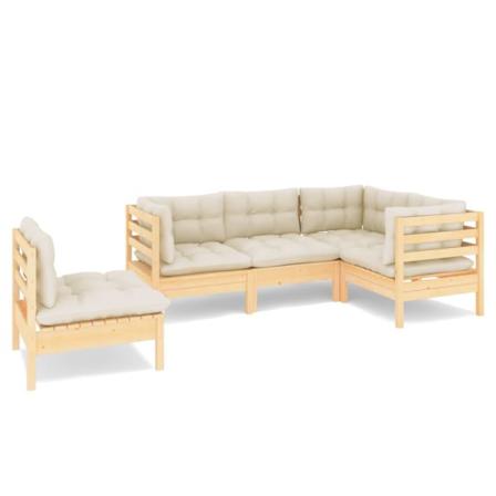Vidaxl Loungegrupp Med Gräddvita Dynor 5 Delar Massiv Furu Creme