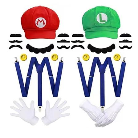 Super Mario Bros Cosplay-tarvikkeet Kupoli-puuvillahatut, hanskat, viikset ja haalari Halloween-juhliin Cosplay-rekvisiitta (FMY) Red Hat Green Hat