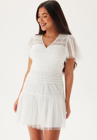 Bubbleroom Occasion - Sonia Mesh Frill Dress - White - Kläder