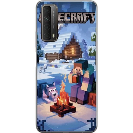 Huawei P smart 2021 Genomskinligt Skal Minecraft vintermotiv med Steve, varg, lägereld och snöig stuga spelinspirerad illustration perfekt för Mine