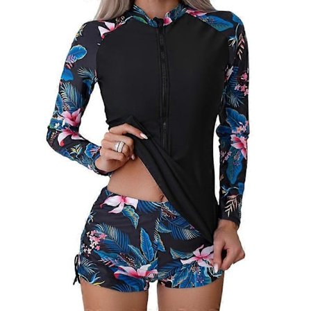 Naisten 2-osainen ihottumasuoja poikashortseilla, pitkähihainen vetoketjullinen uimapuku UPF 50 uimapuku