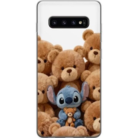 Kompatibelt Mobilskal till Samsung Samsung Galaxy S10 Söt och trygg illustration med Stitch omgiven av nallebjörnar som skapar en varm och lekfull k