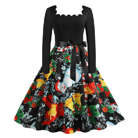 Julklänning Dam Vintage Långärmad V-ringad Print E