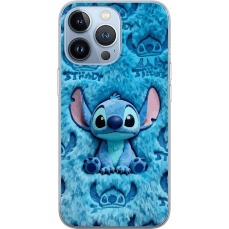 Kompatibelt Mobildeksel til Apple Apple iPhone 13 Pro Stitch sitter på fluffy blått mønster med sitt ansikt og ører gjentatt som tekstur, noe som