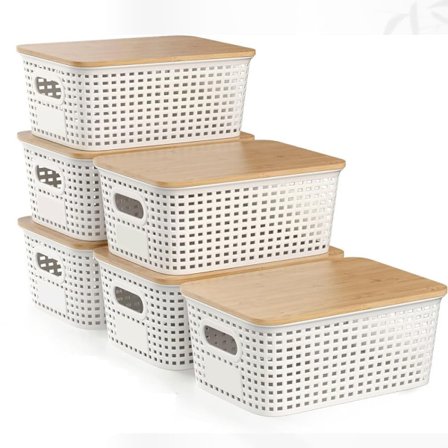 6-pak opbevaringskasser i plast med bambuslåg – stabelbare opbevaringskurve til hylder, skrivebord, garderobe_TF_TF