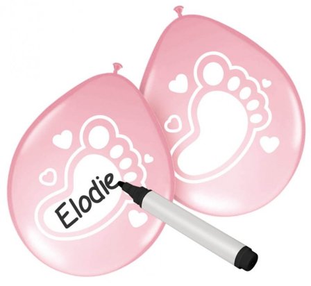 Skrivbara ballonger rosa med små fötter 6-pack