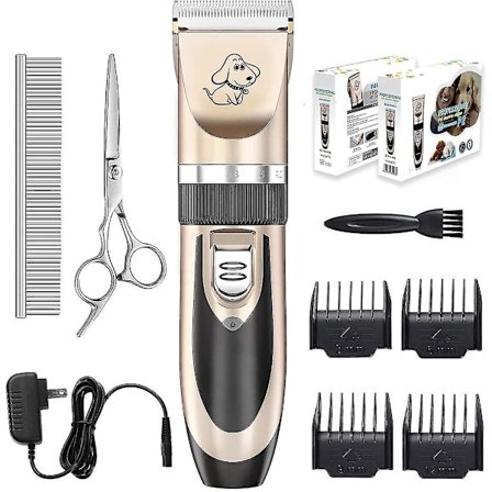 Hunde klippere, lav støj genopladelig trådløs kæledyr hunde og katte elektrisk pleje klippere kit med sakse og kam (guld+sort)