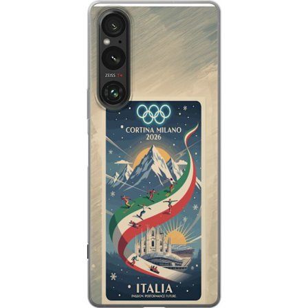 Kompatibel Mobilcover til Sony Xperia 1 VI Skitse med skiskytteudøver der sigter med riffel på en snebaner, teksten Milano Cortina 2026 og de olympisk