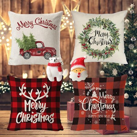 Christmas Cushion Cover, 4 Pcs Throw Pillow Case 18 X 18 Inches