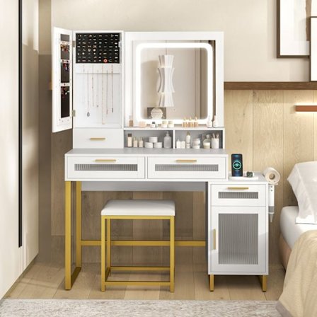 COSTWAY Skrivbord och Pall, LED Belysningsspegel med 3 Färger, Laddstation, Smyckeskåp, 4 Lådor och Dörr