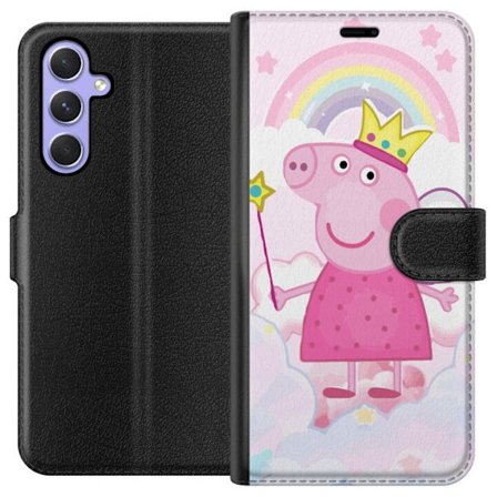 Kompatibelt Lommeboketui til Samsung Galaxy A54 Peppa Pig prinsessmotiv med krone, vinger og regnbue, eventyrlystne barnillustrasjon på skybakgrunn