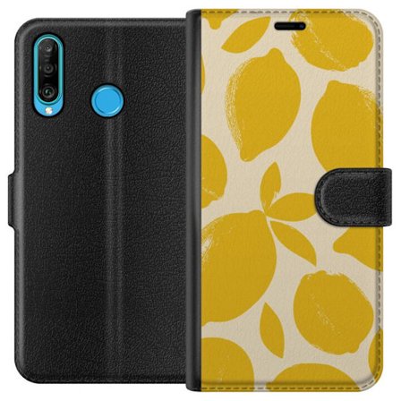 Kompatibelt Plånboksfodral till Huawei Huawei P30 lite Citrontryck citroner gula citrusfrukt köksmönster sommar design tapet retro stil färsk insp