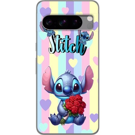 Kompatibelt Mobildeksel til Google Pixel 8 Pro Romantisk illustrasjon av Stitch som holder røde roser mot stripet bakgrunn