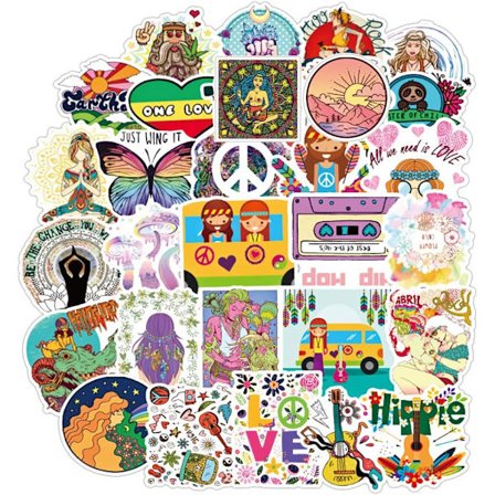 Hippie-klistremerkepakke med 100 ark Hippie-klistremerker for reisevesker
