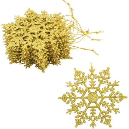 10 cm hängande glitter snöflinga dekorationer i 24-pack i guld – Juldekoration för julgran och födelsedag | Snöflinga hängande prydnader. Guld