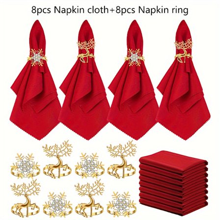 16-delars Festligt Julservett- och Ringset: 8 Röda Polyester Servetter med Gyllene Snöflinga Servettringar för Julmiddagar, Bröllop, Thanksgiving